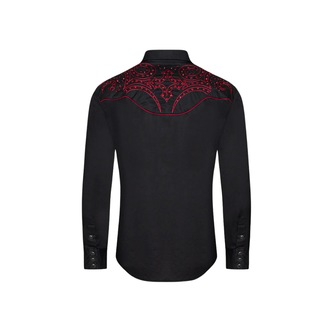 Avalon Men's Western Cowboy Embroidery Black And Red Shirt