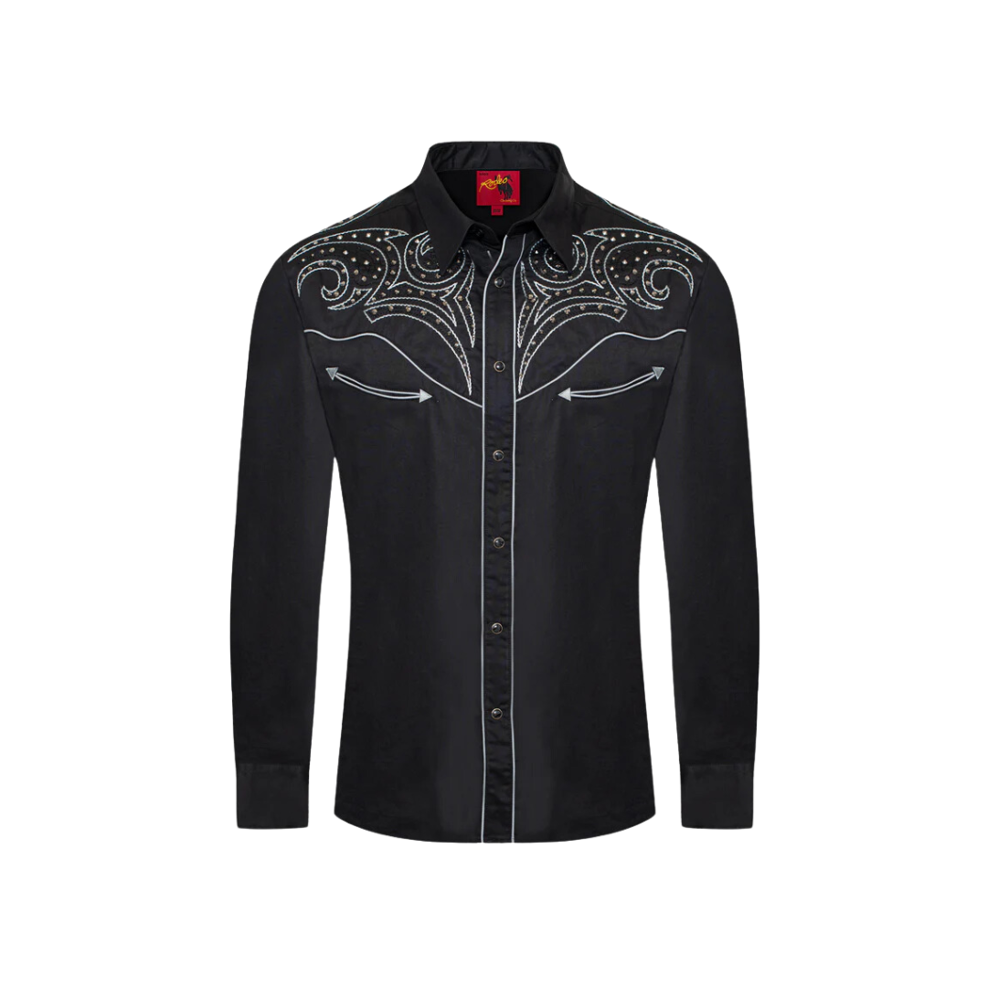 Avalon Men's Western Cowboy Embroidery Black Shirt