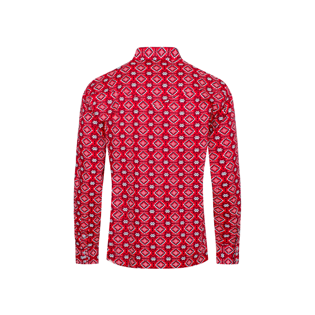 Avalon Men's Western Pearl Snap Aztec Print Red Shirt