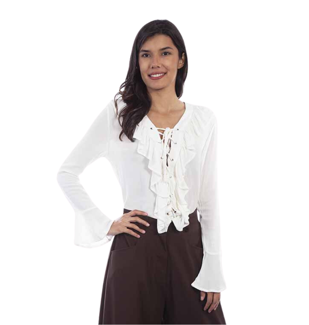 Scully Leathers Women's Ruffle Lace Up White Blouse