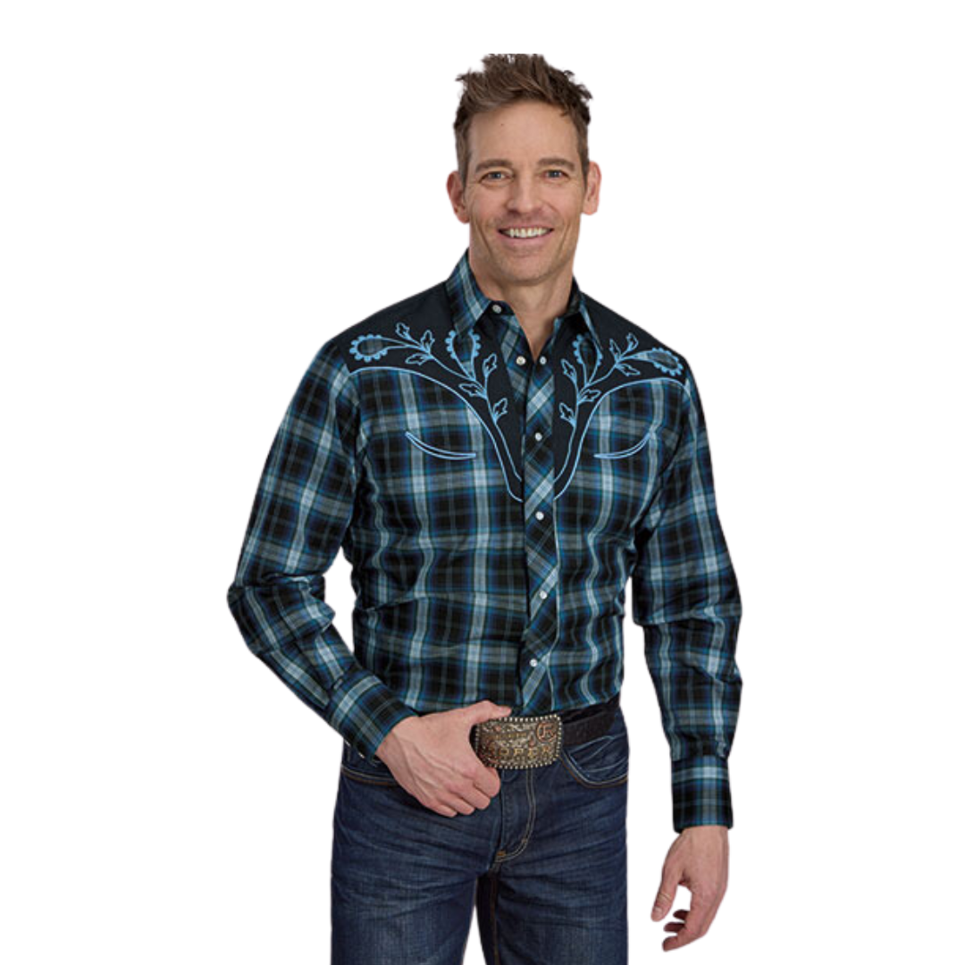 Roper Men's Windowpane Plaid Blue Shirt