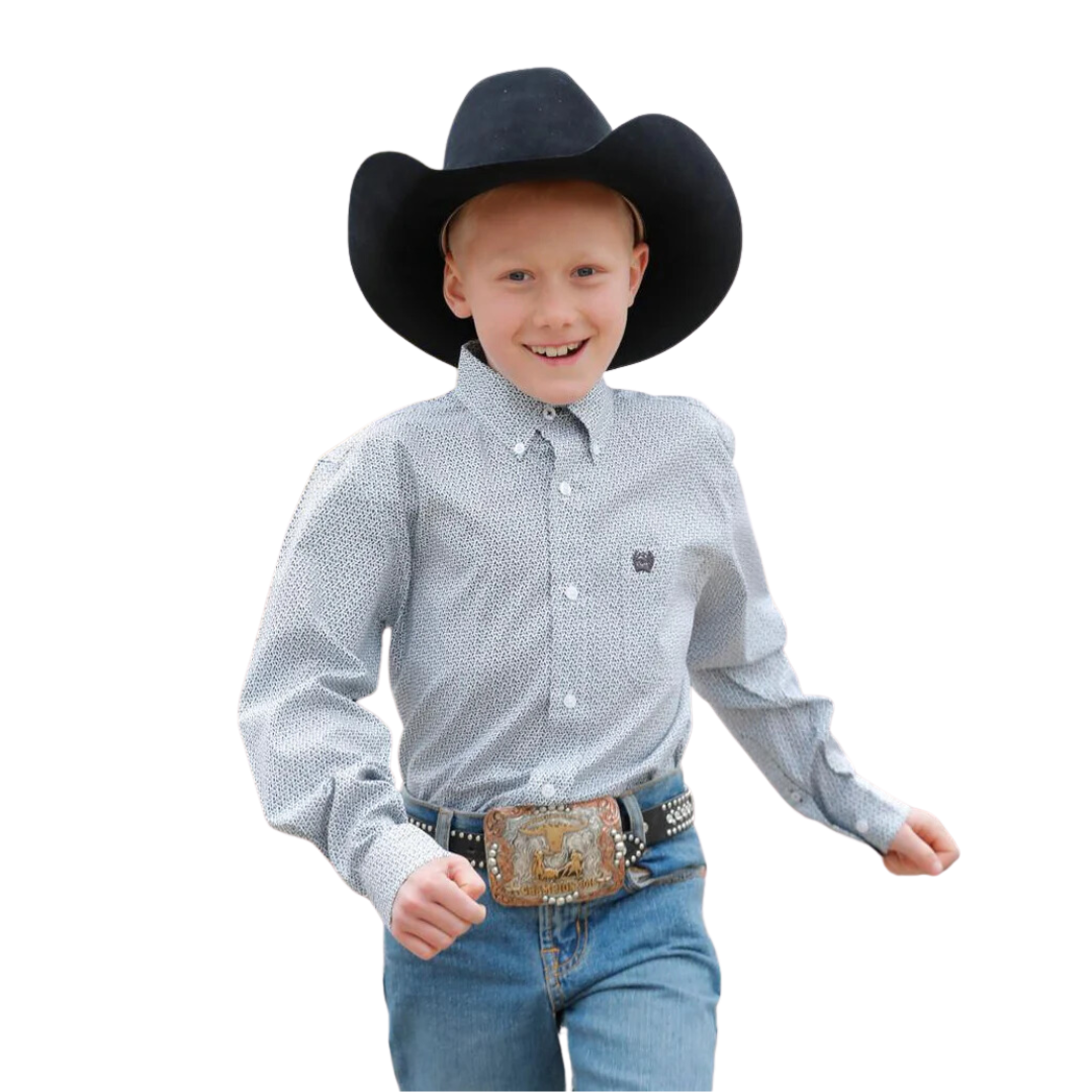 Cinch Youth Boy's Print Button Down White Shirt