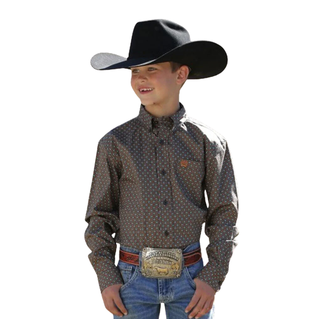 Cinch Youth Boy's Print Turquoise Brown Shirt