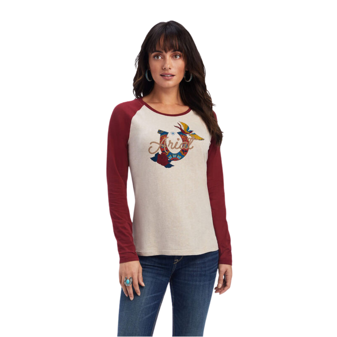 Ariat Women's Real Ropey Rose Oatmeal Heather Red Tee Shirt