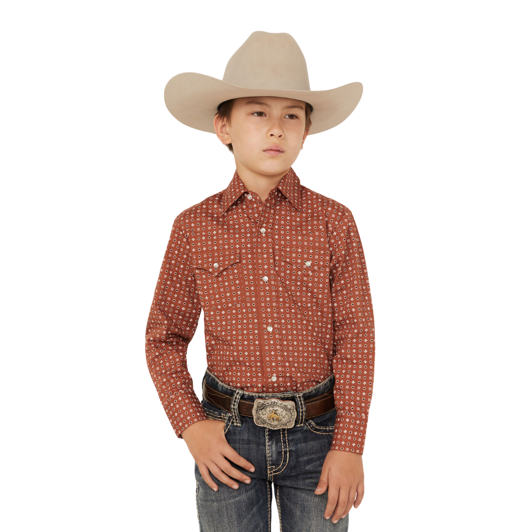 Ely Walker Youth Boy's Geo Print Western Brown Shirt