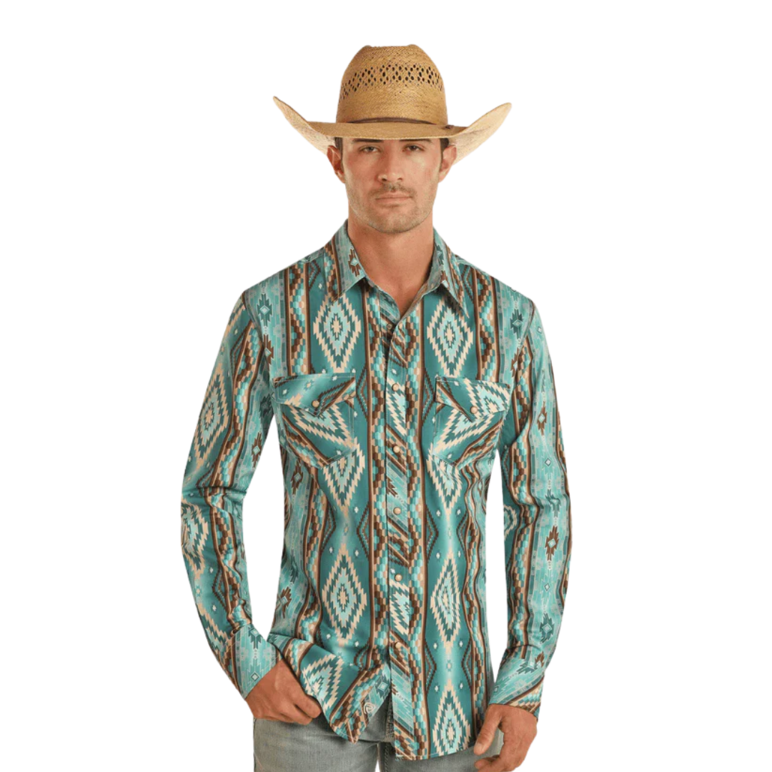 Panhandle Slim Men's Denim Aztec Print Turquoise Shirt