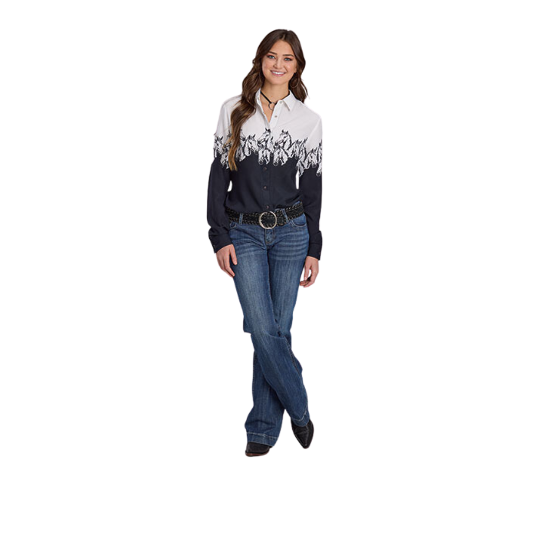Roper Women's Horses Border Print Black Shirt