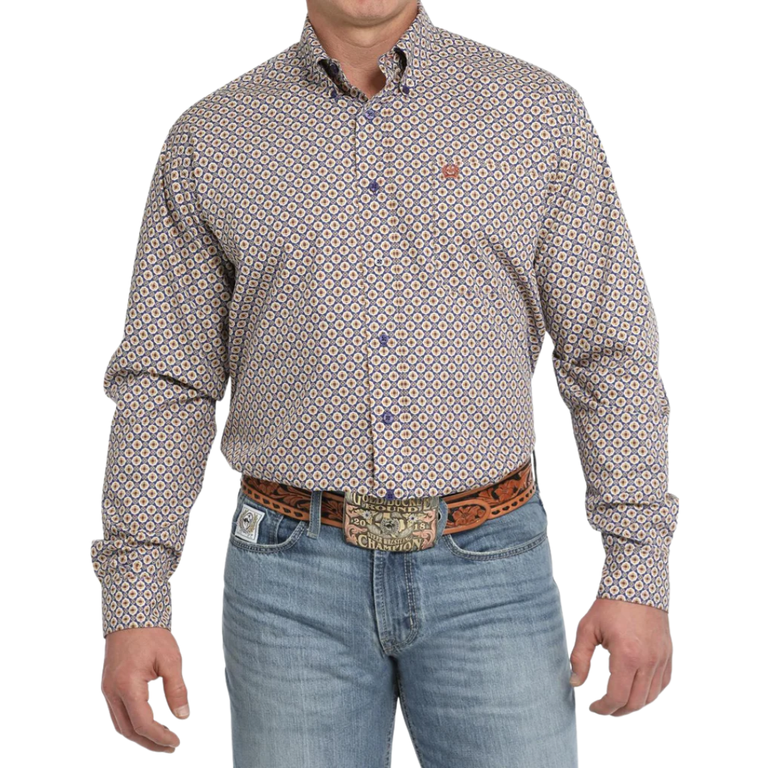 Cinch Men's Long Sleeve White Gold Geo Purple Shirt