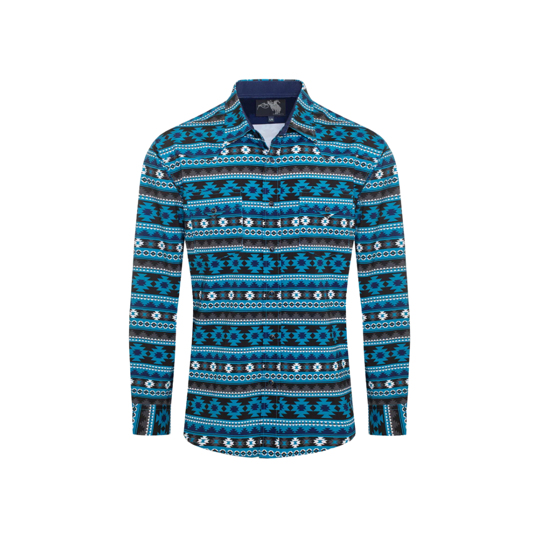 Avalon Men's Western Pearl Snap Aztec Print Blue Shirt