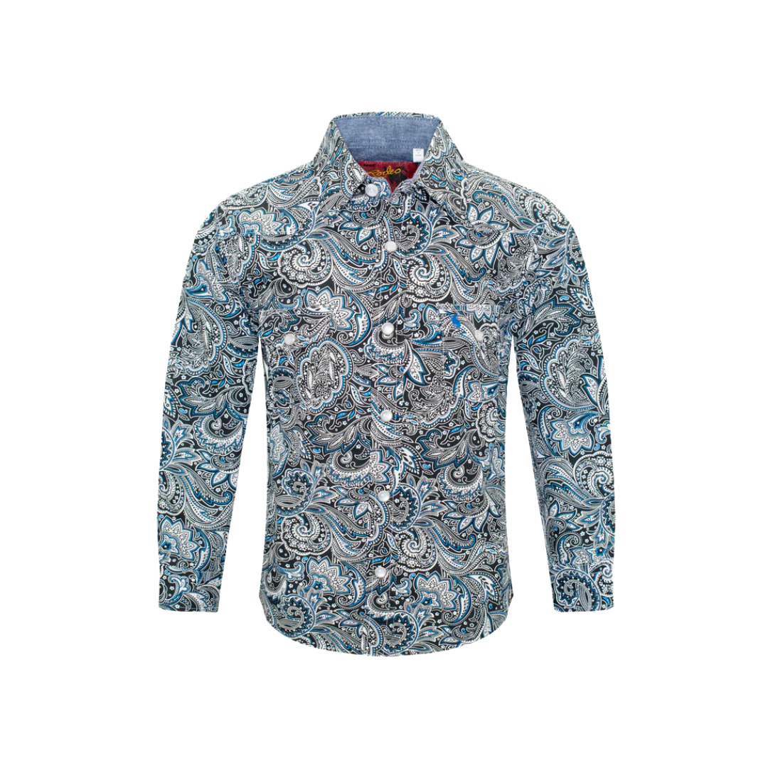 Avalon Youth Boy's Western Pearl Snap Print Blue Shirt