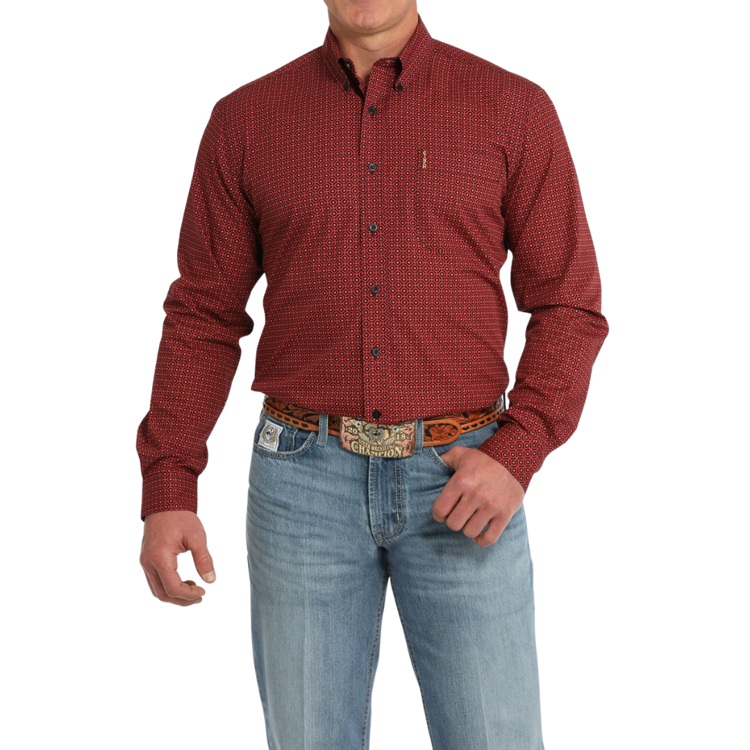 Cinch Men's Modern Fit Geometric Print Red Shirt