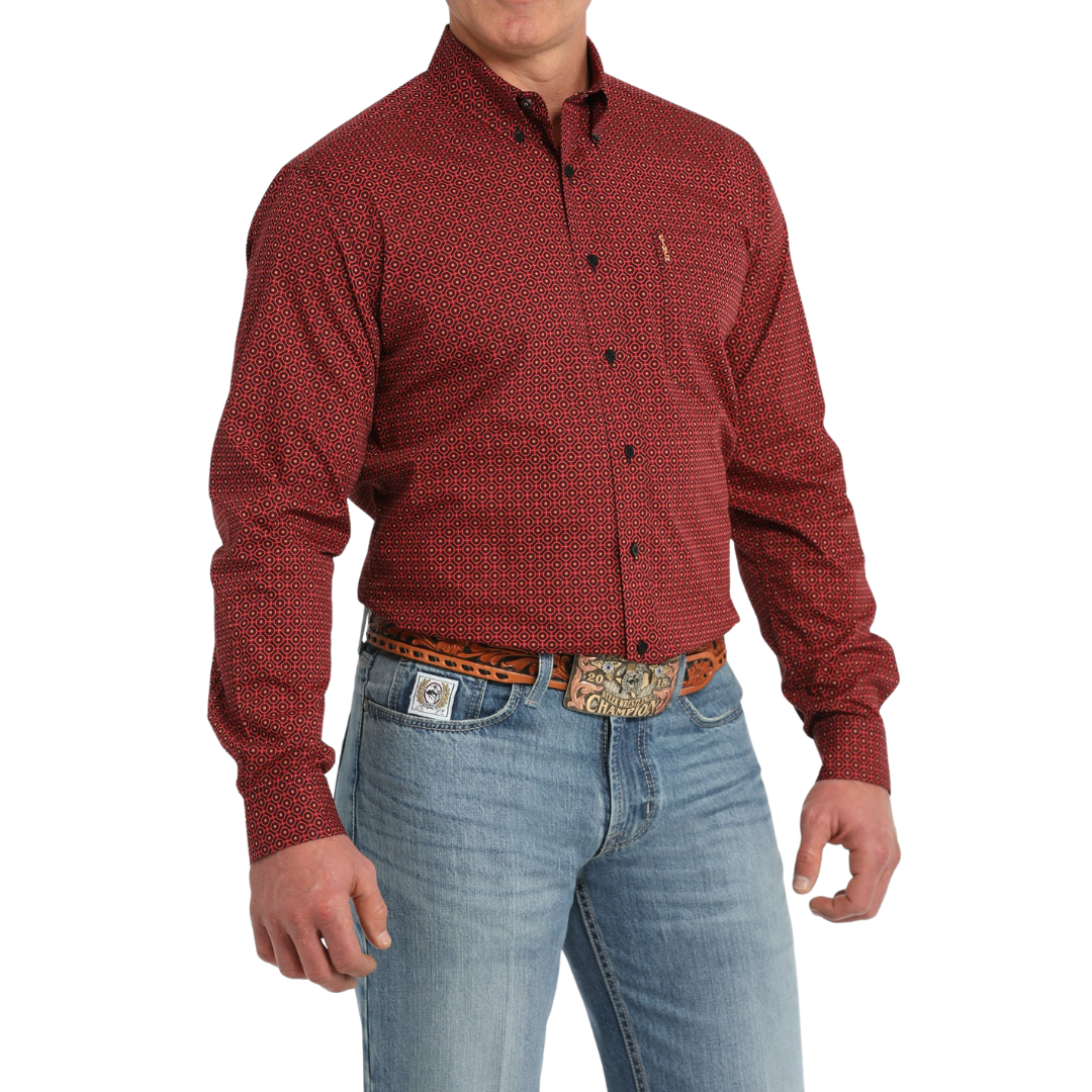 Cinch Men's Modern Fit Geometric Print Red Shirt