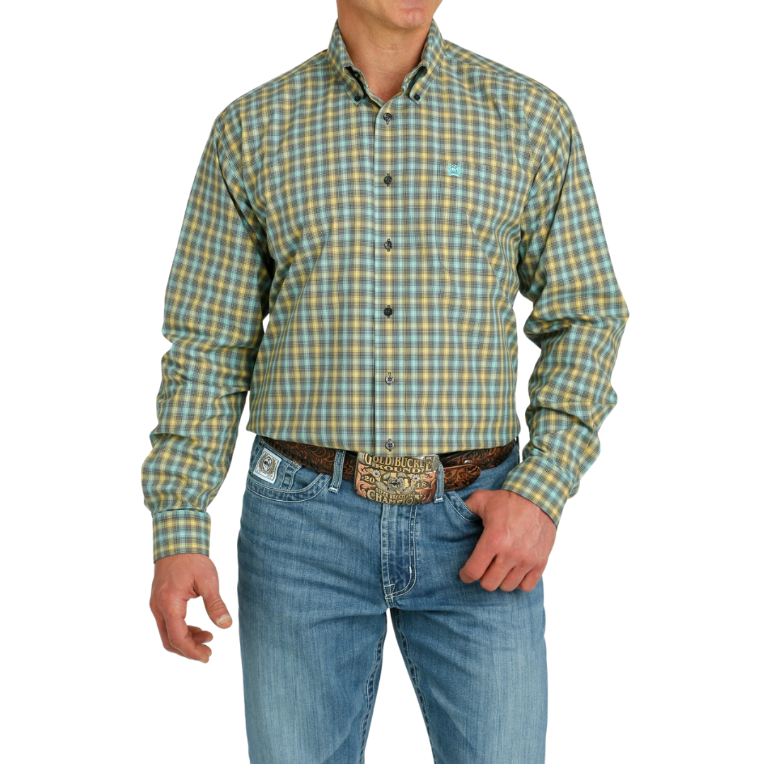 Cinch Men's Turquoise Charcoal Gold Plaid Shirt