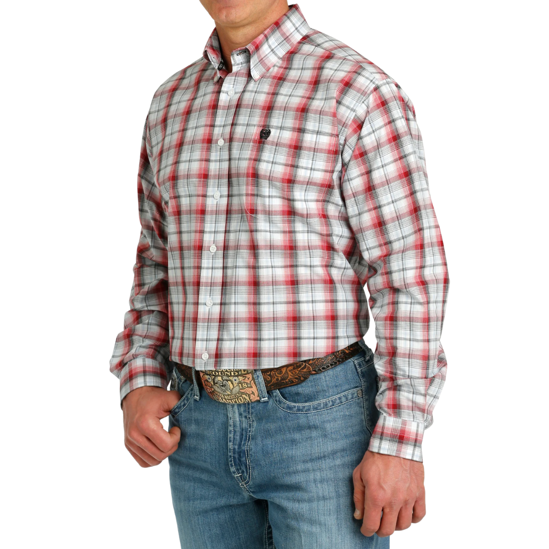 Cinch Men's Weave Plaid White Red Blue Shirt