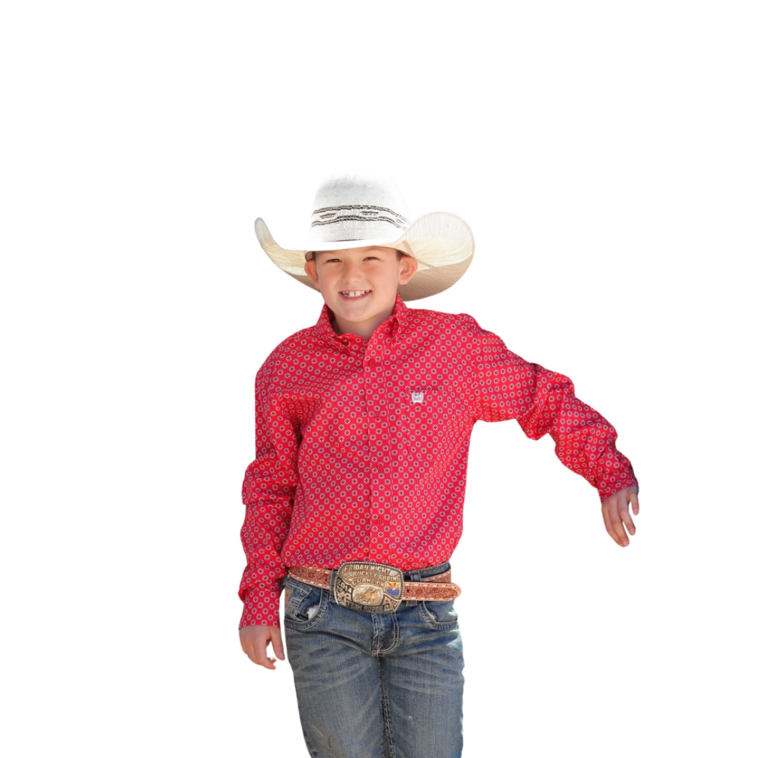 Cinch Youth Boy's Match Dad Geometric Print Red Shirt