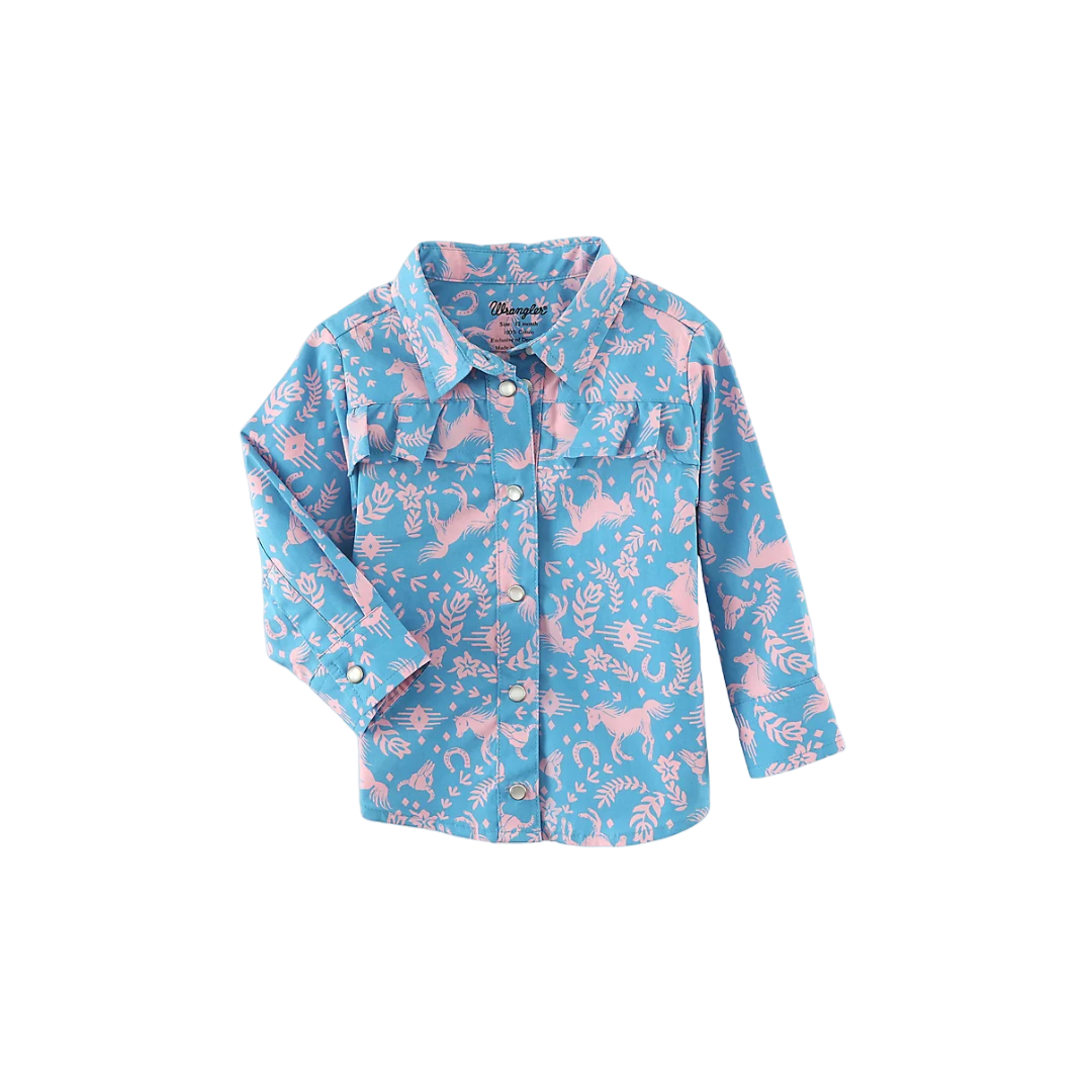 Wrangler Infant Girl's Horse Print Western Blue Shirt