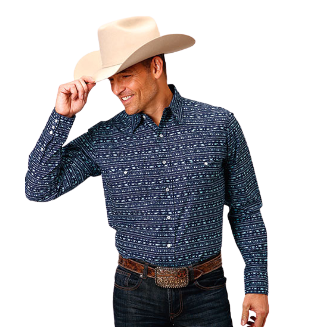 Roper Men's Zig Zag Tribal Print Western Blue Shirt