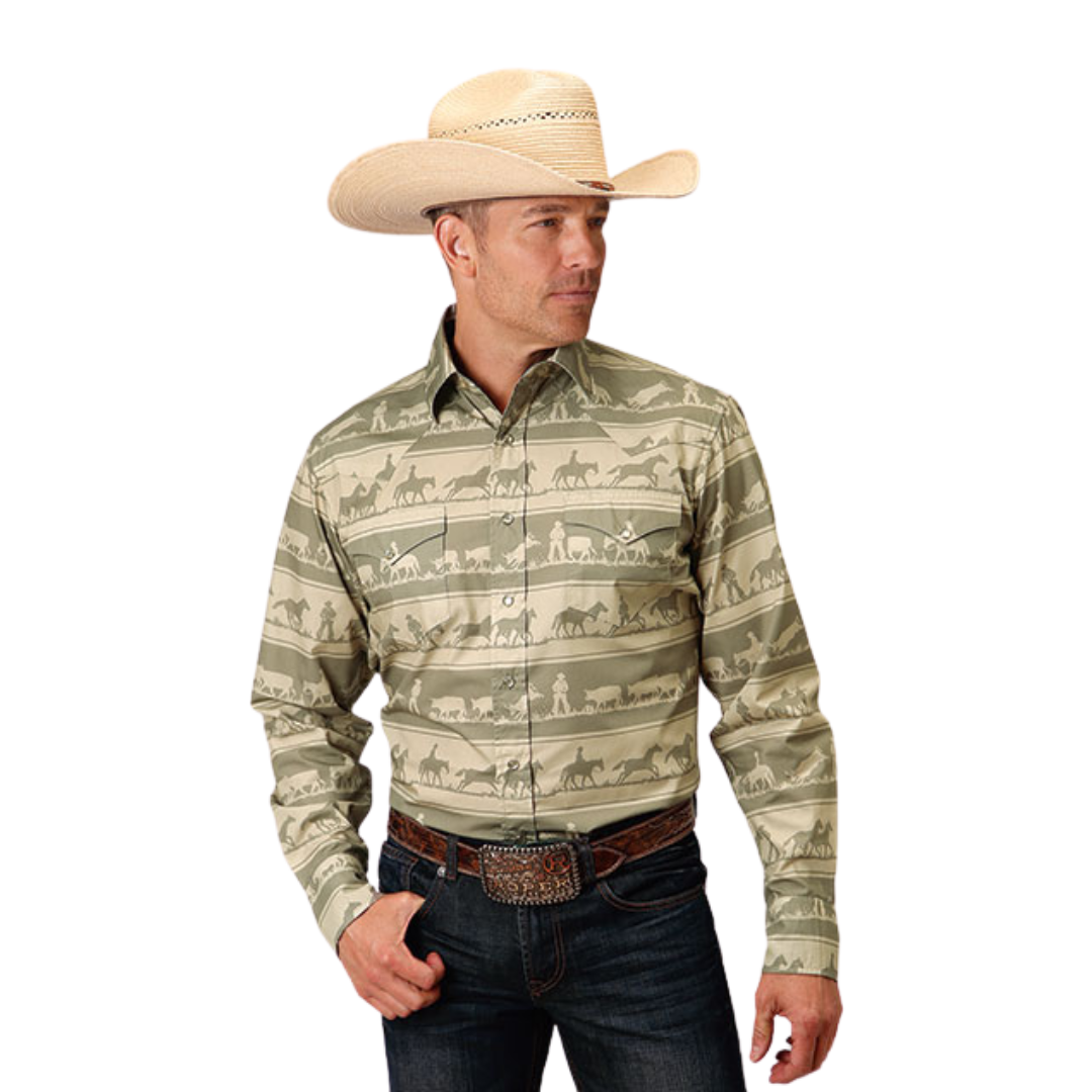 Roper Men's Cowboy Rugby Horizontal Print Brown Shirt