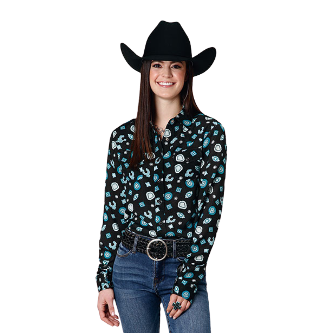 Roper Women's Jewelry Print Rayon Western Black Blouse