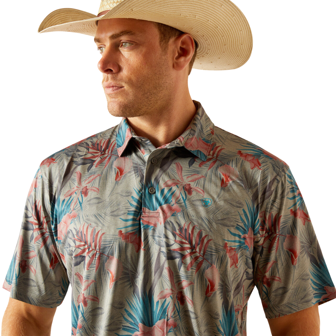 Ariat Men's Charger Printed Light Grey Heather Polo Shirt