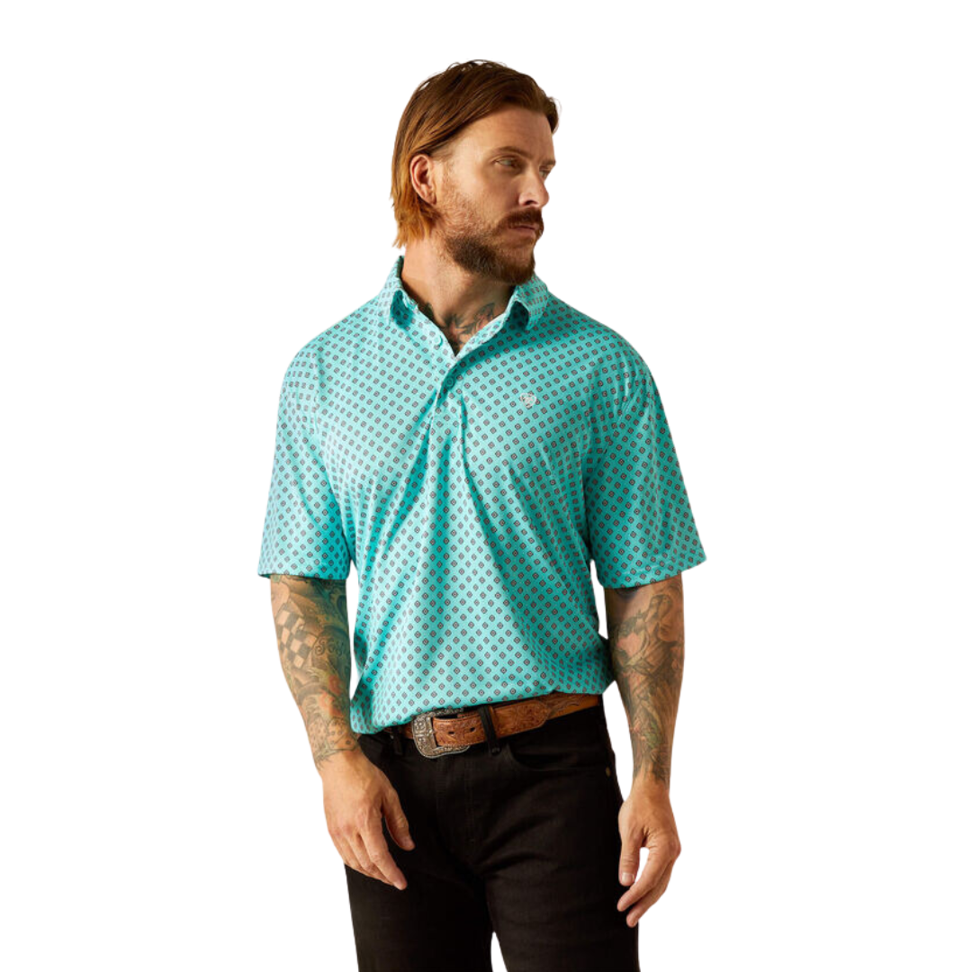 Ariat Men's All Over Print Polo Aruba Blue Shirt