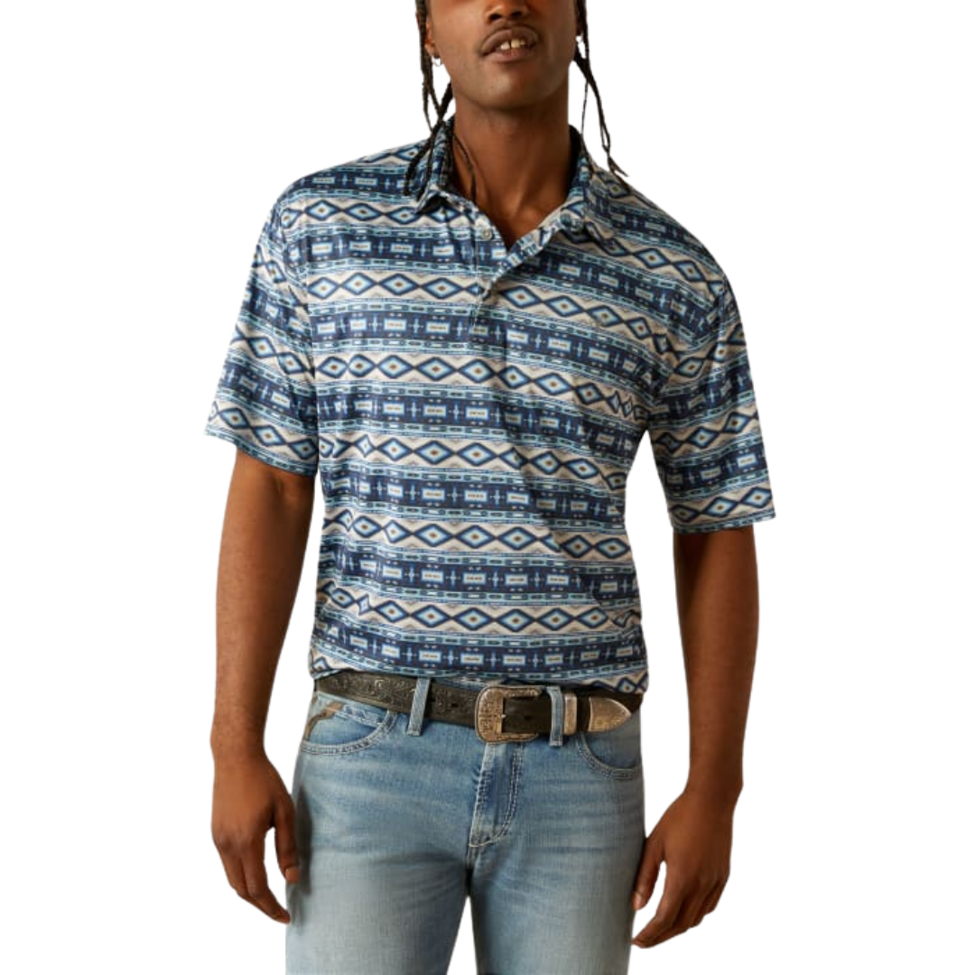 Ariat Men's Charger Grey Sky Blue Aztec Polo Shirt