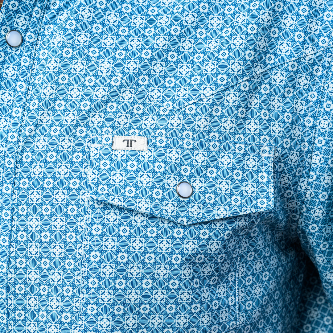 Ferrell Men's Diamond Short Sleeve Snap Blue Shirt