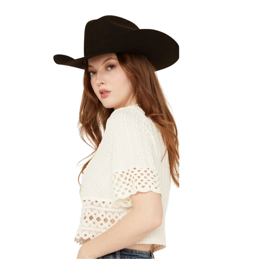 Miss Me Women's Crochet Hem Short Sleeve White Blouse
