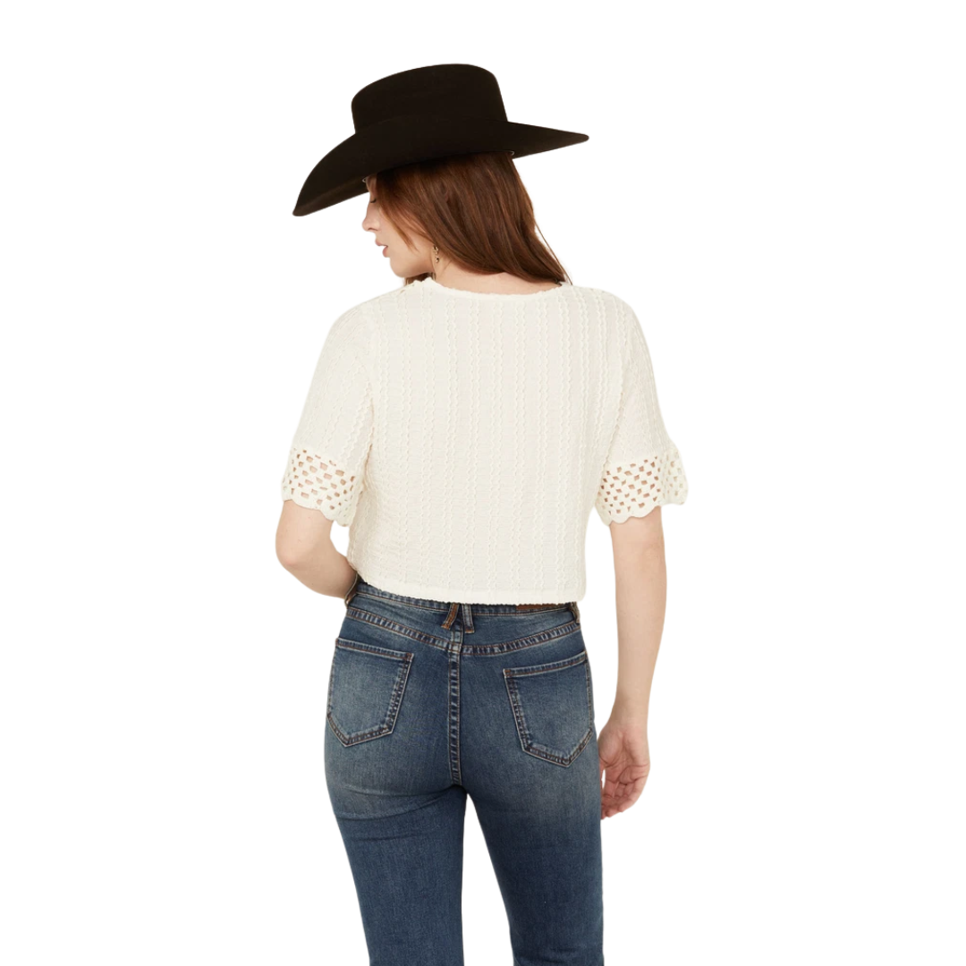 Miss Me Women's Crochet Hem Short Sleeve White Blouse