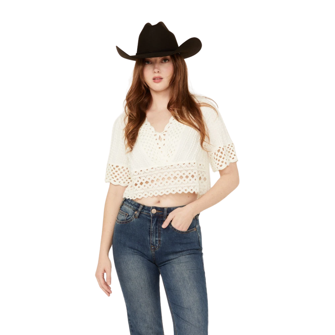 Miss Me Women's Crochet Hem Short Sleeve White Blouse