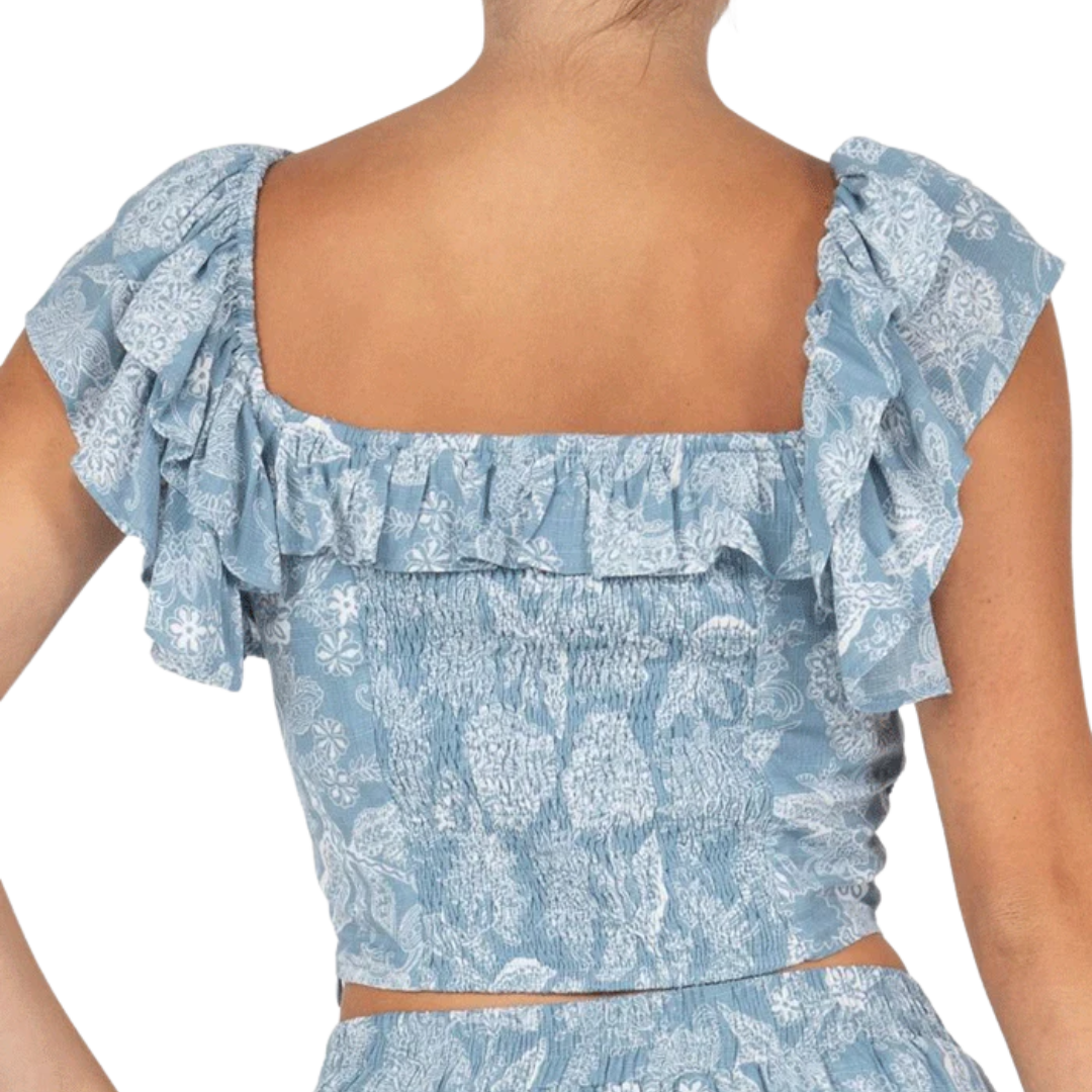 Miss Me Women's Cropped Ruffled Floral Light Blue Top