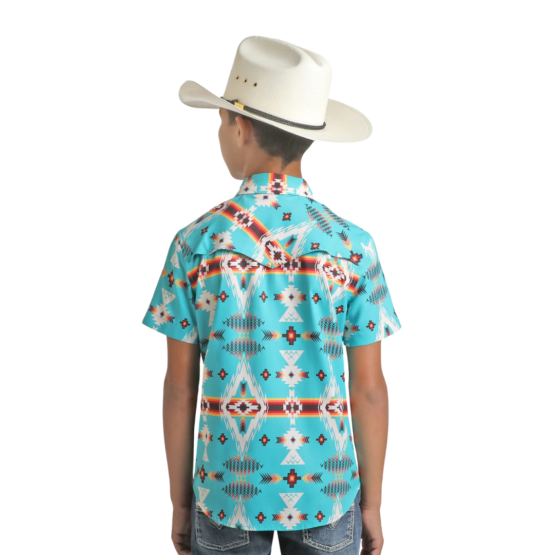 Rock & Roll Youth Boy's Tek Aztec Print Turquoise Shirt