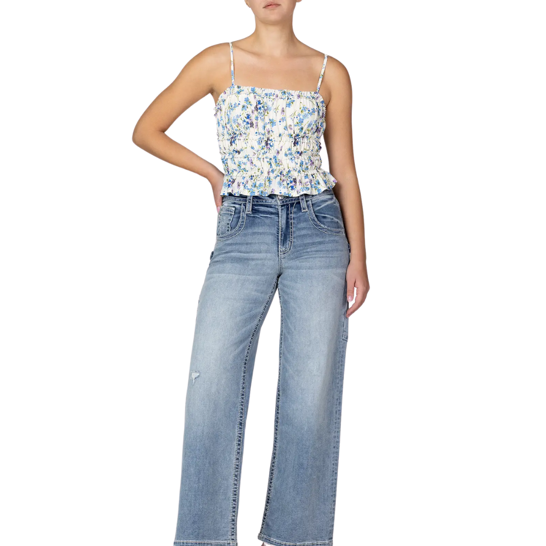 Miss Me Women's Cropped Top Blue Floral Blouse