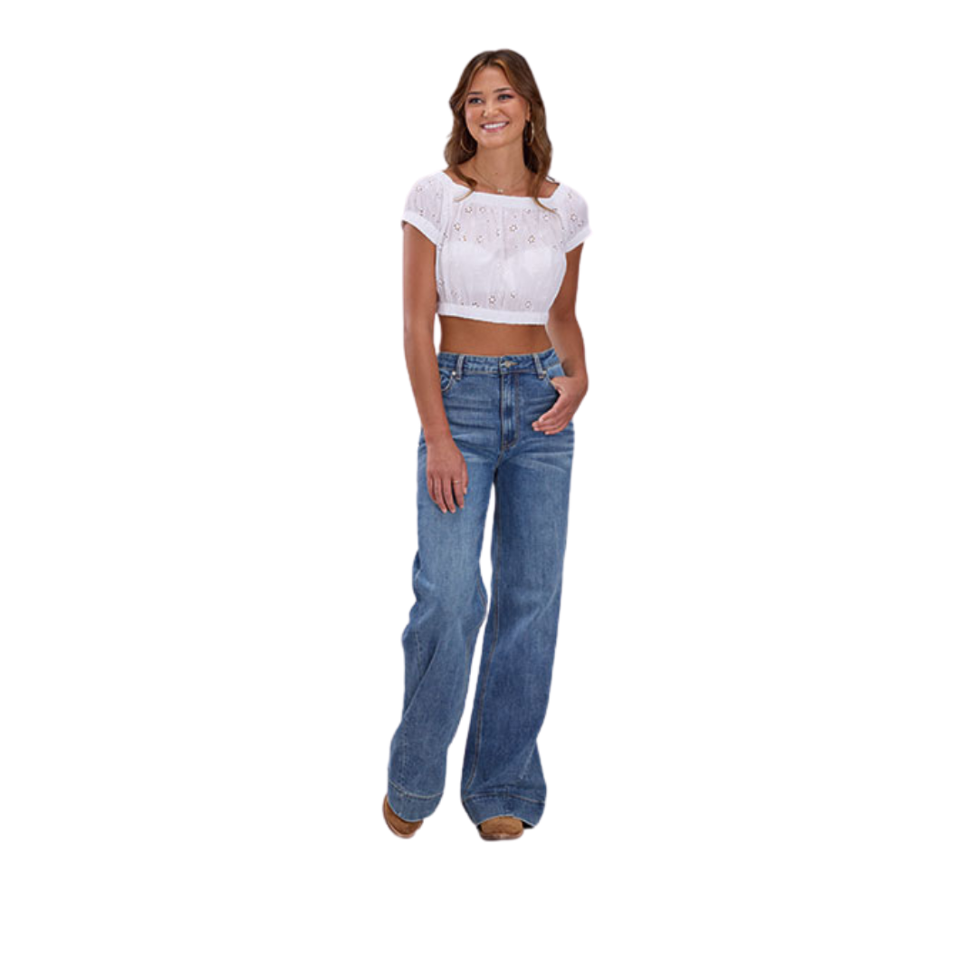 Roper Women's Elastic Neckline Hem White Shirt