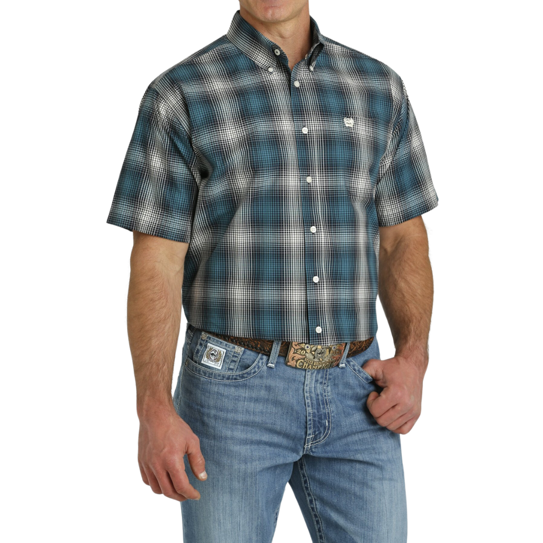 Cinch Men's Print Button Down Western Plaid White Navy Shirt