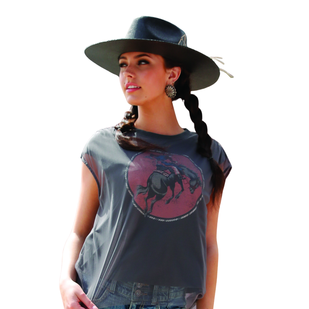 Cruel Women's Bucking Bronc Mesh Top Charcoal Shirt