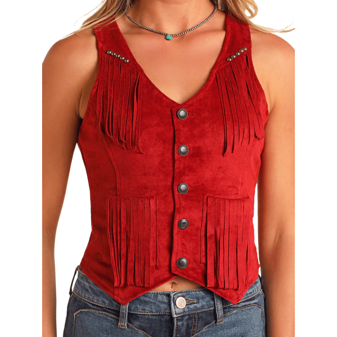 Rock & Roll Women's Studded Microsuede Fringe Red Vest