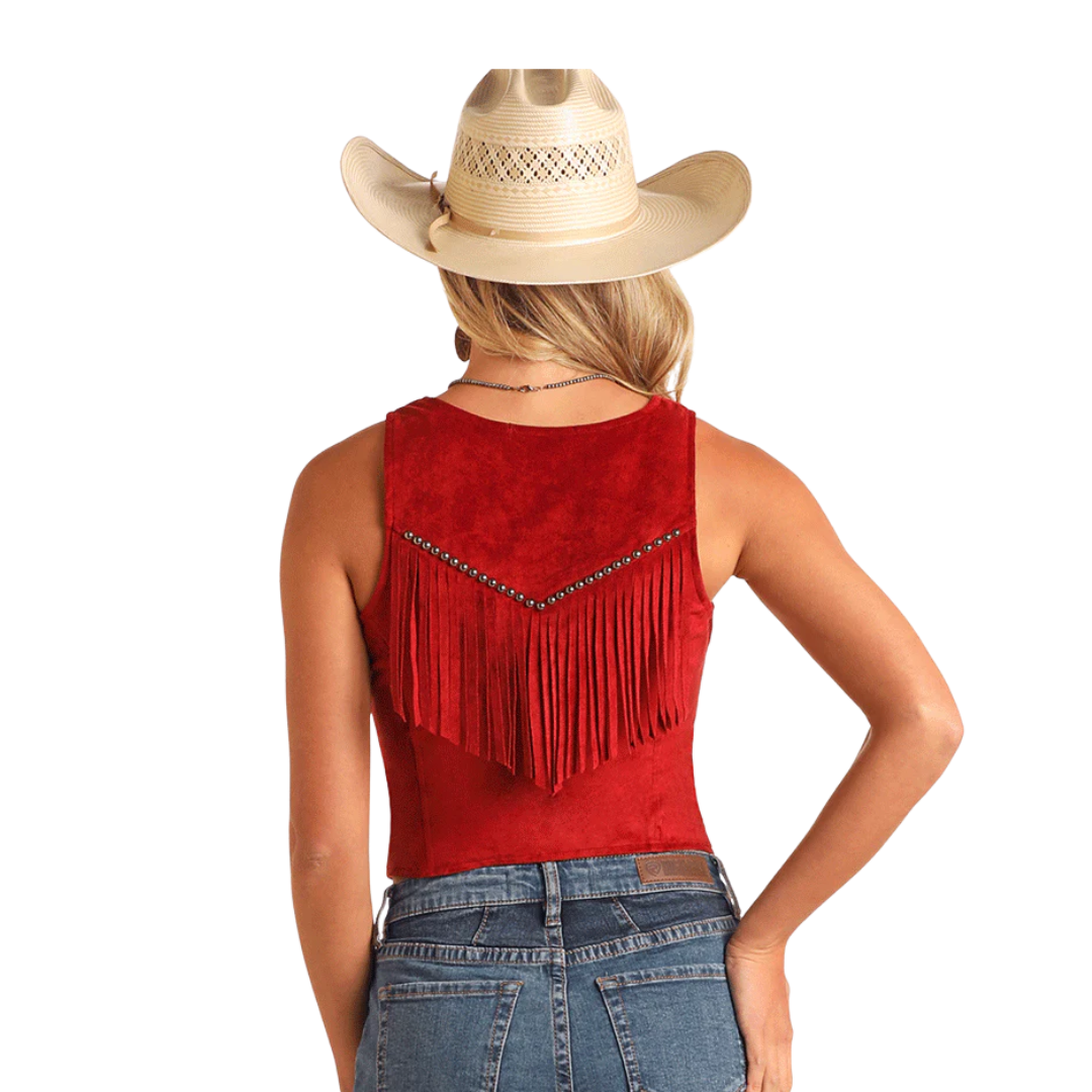 Rock & Roll Women's Studded Microsuede Fringe Red Vest
