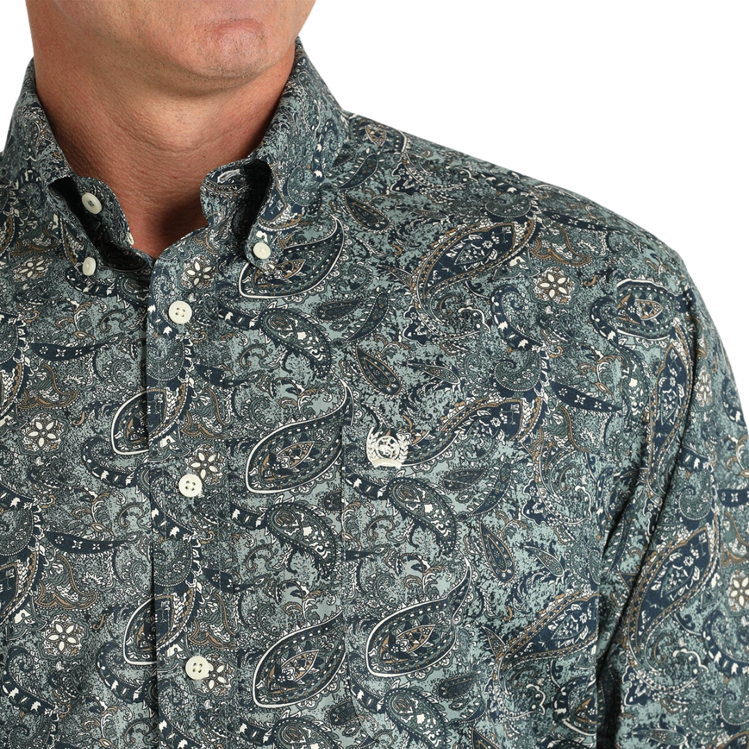 Cinch Men's Button Down Green And Cream Shirt