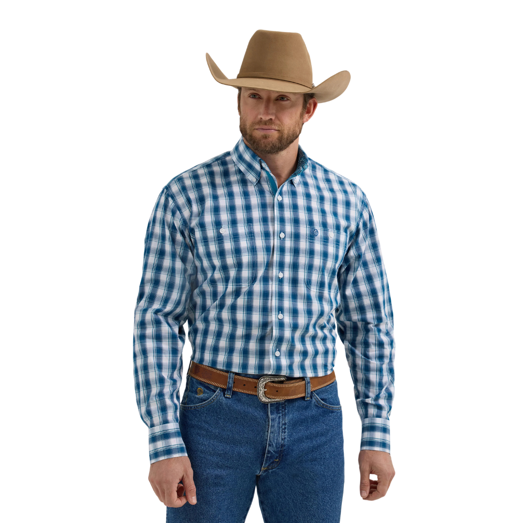 Wrangler Men's George Strait Plaid White Teal Shirt