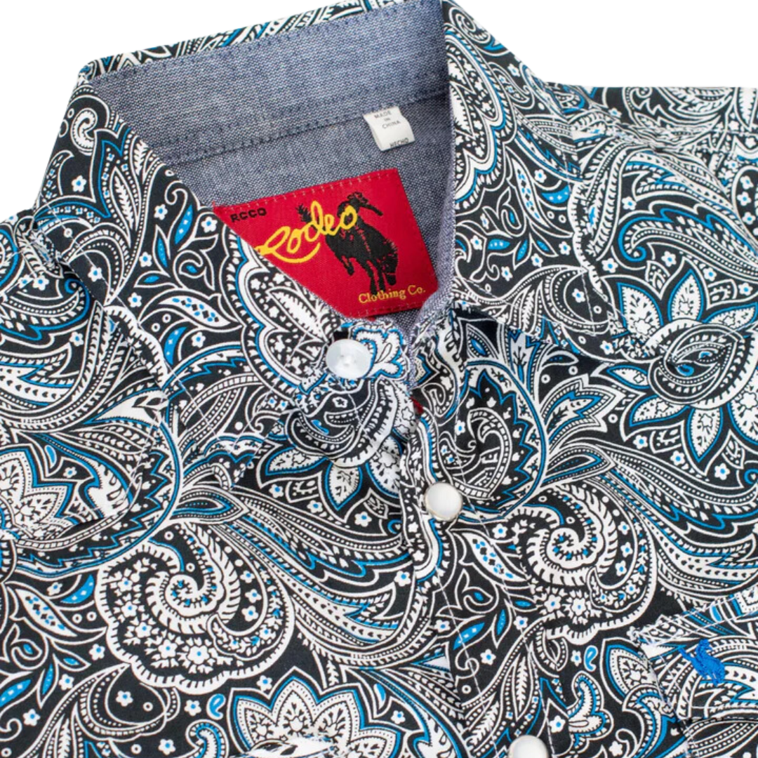 Avalon Youth Boy's Western Pearl Snap Print Blue Shirt