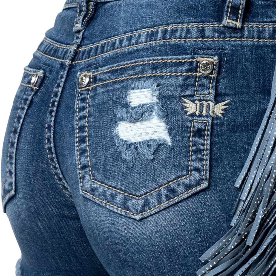Miss Me Women's Shining Fringe Medium Dark Wash Shorts