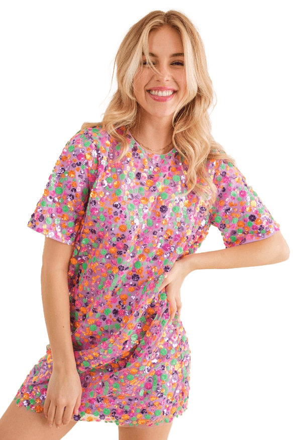 Blueb Sequin Floral Embellished Multi T-Shirt Dress
