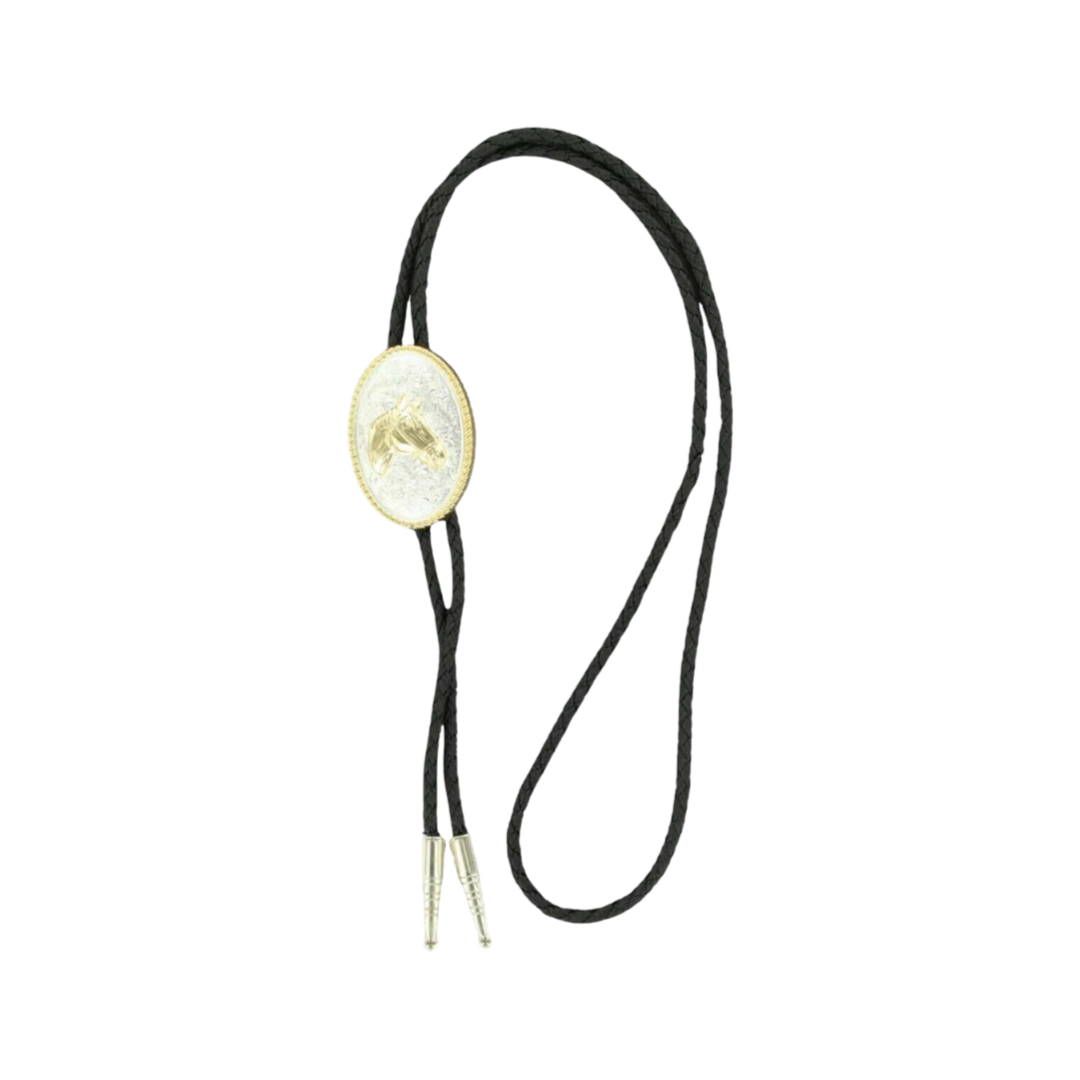 Double S Men's Engraved Horse Head Slide Bolo Black Tie