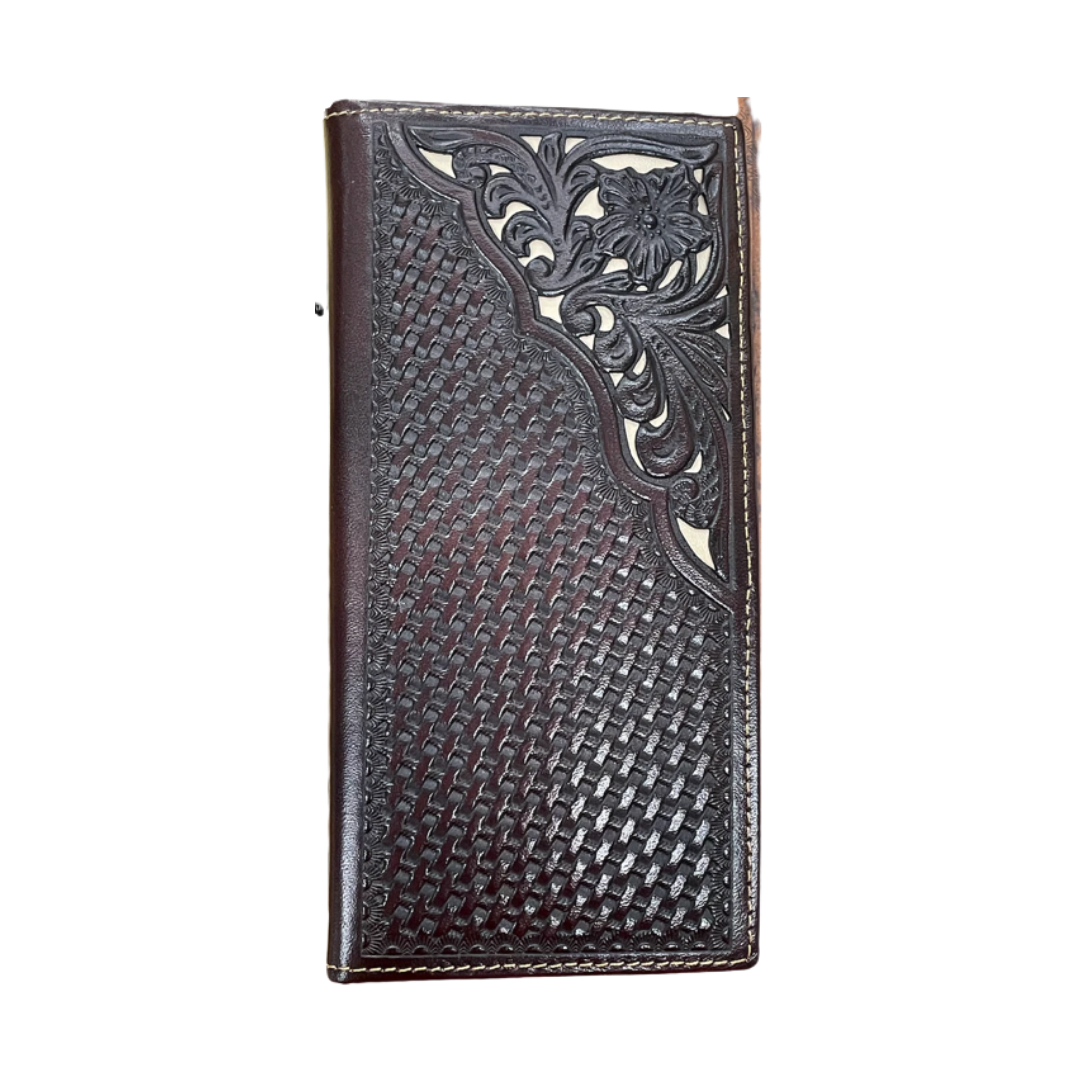 Top Notch Coffee Basketweave/Floral Design Corner Inlay Tall Wallet