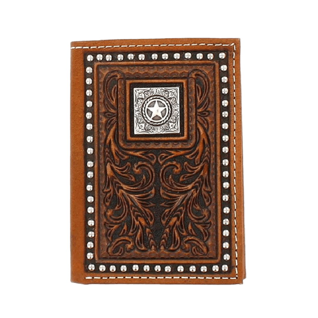 Nocona Men's Trifold Tooled Stud Star Brown Wallet