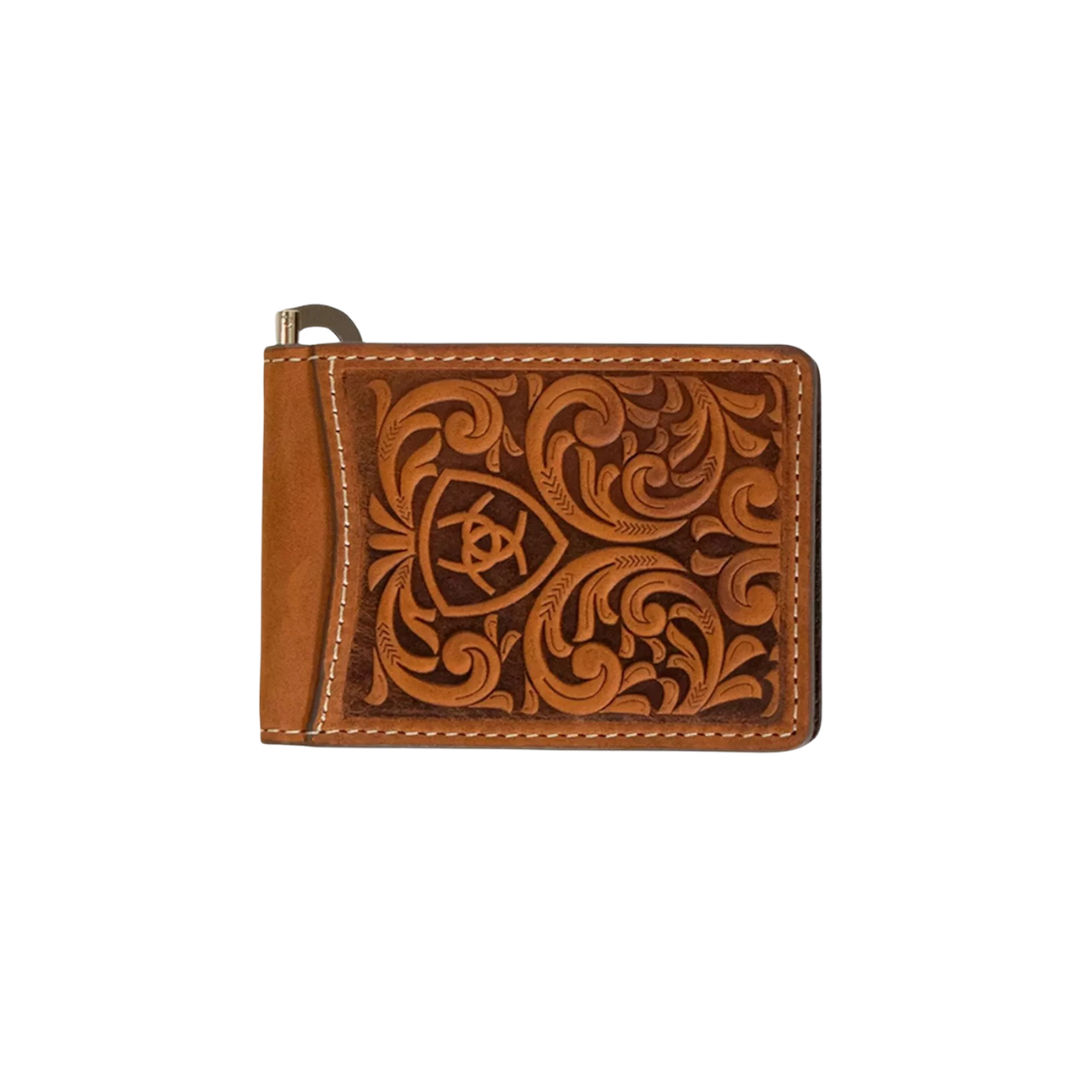 Ariat Men's Bifold Money Clip Leather Embossed Brown Wallet