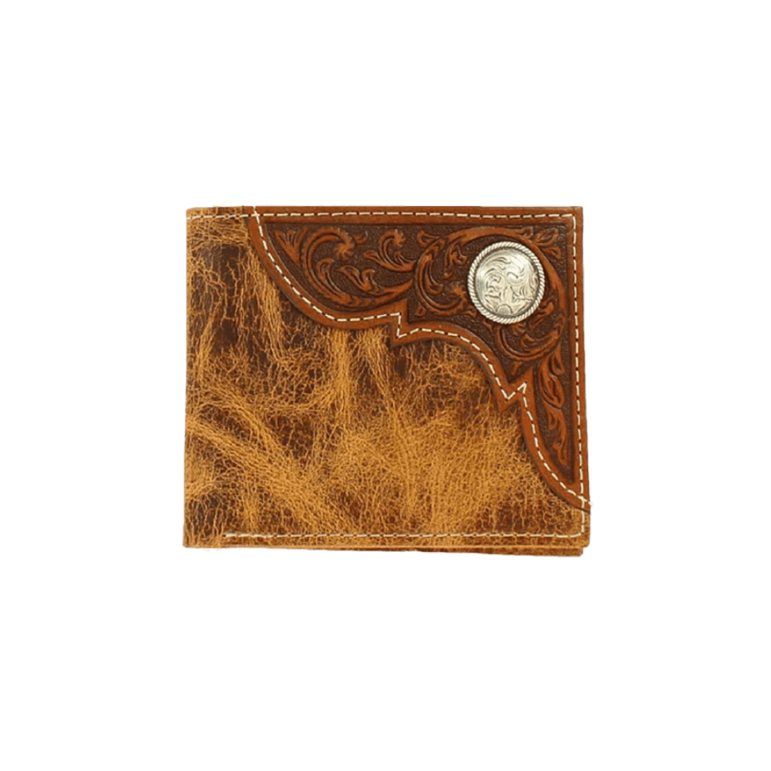 Ariat Men's Tooled Overlay Bi Fold Distressed Brown Wallet