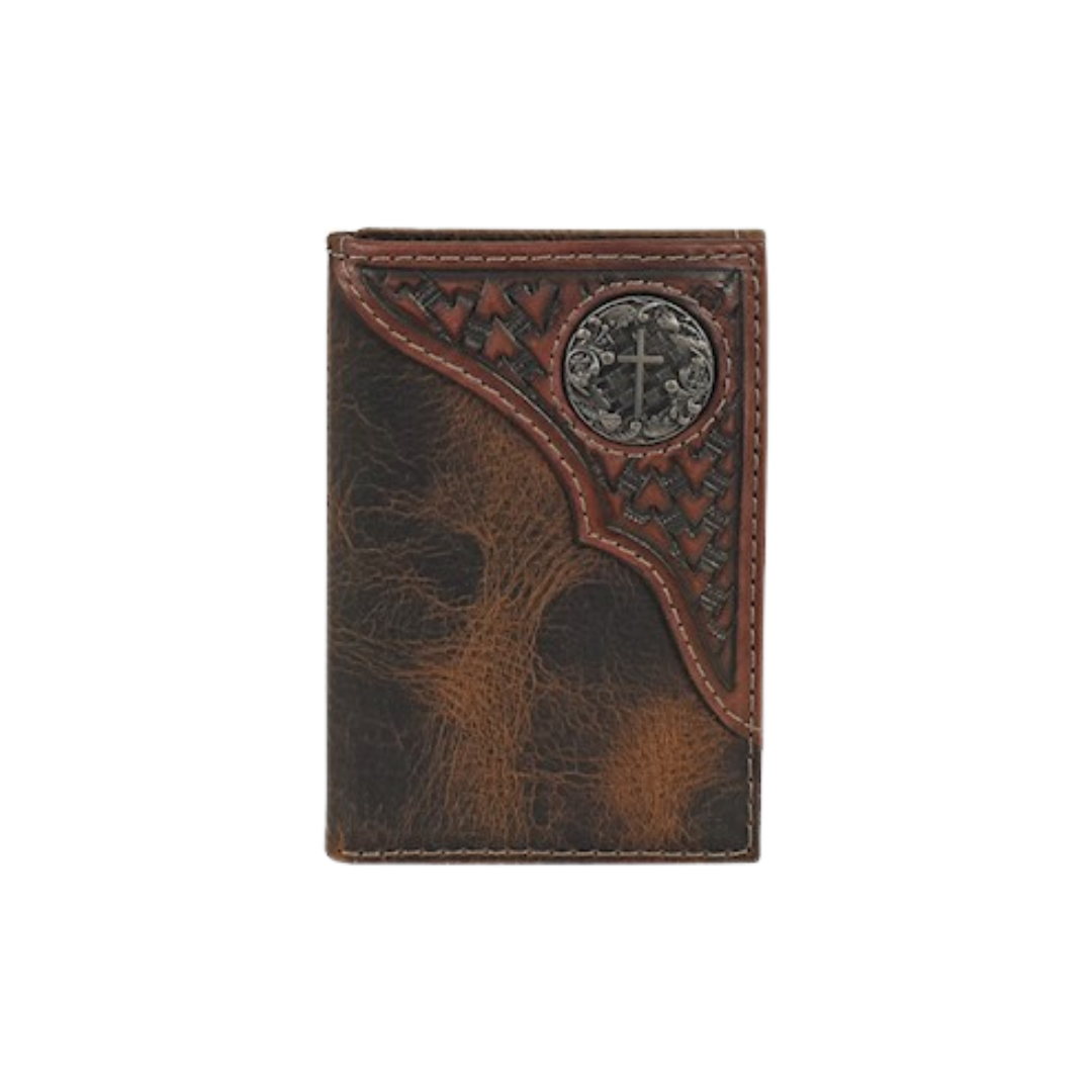 Justin Men's Trifold Tooled Yoke Brown Wallet