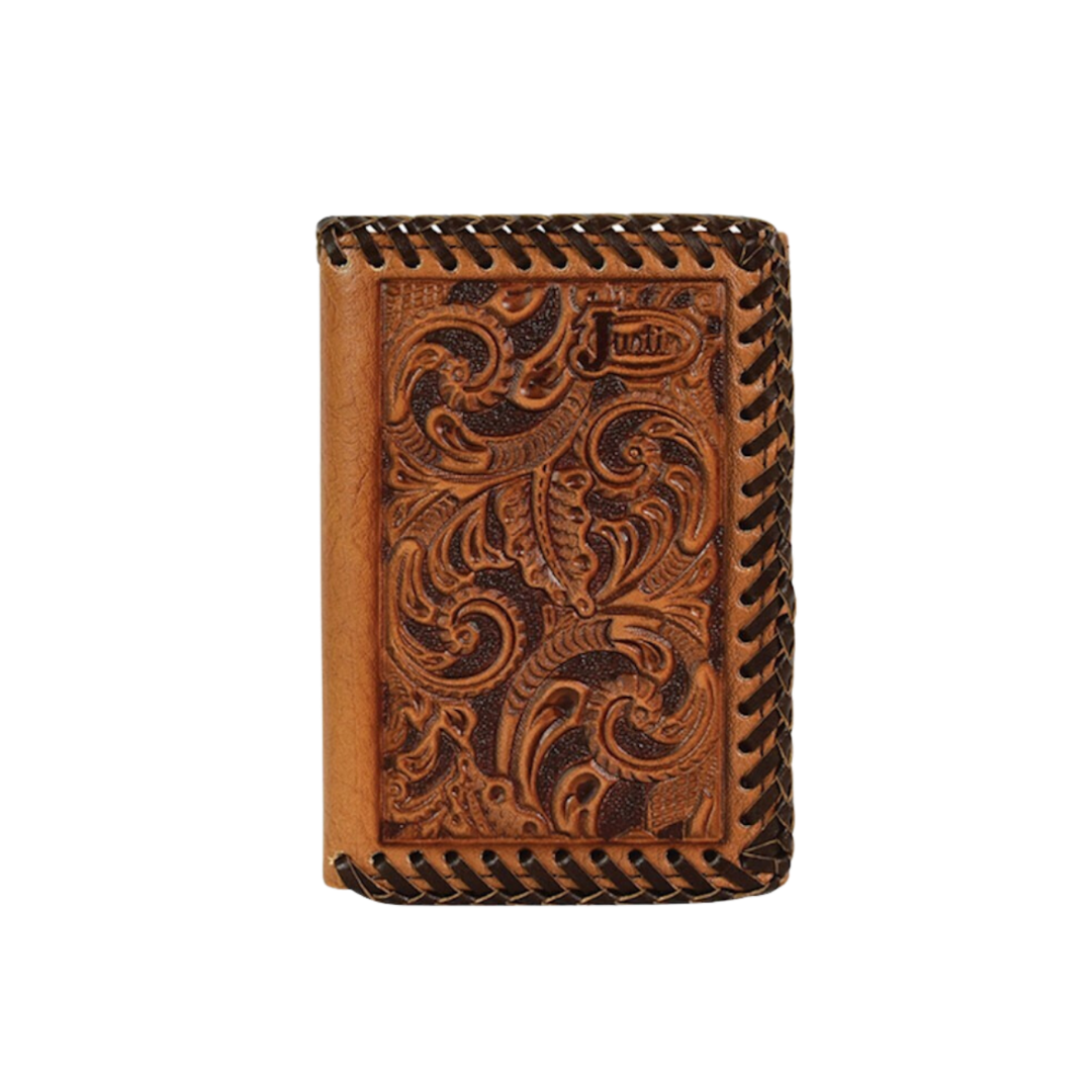 Justin Unisex Trifold Tooled Whipstitch Brown Wallet